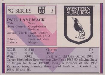 1992 Regina NSW Rugby League #5 Paul Langmack Back